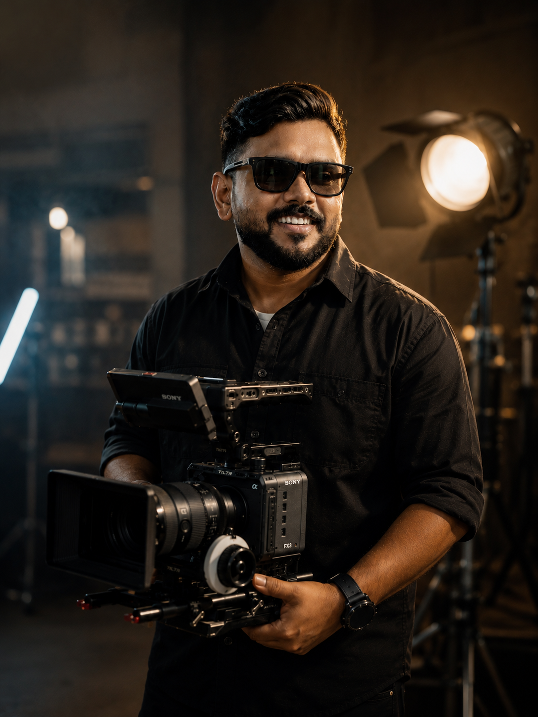Ullas P Murali holding a professional cinema camera in a studio